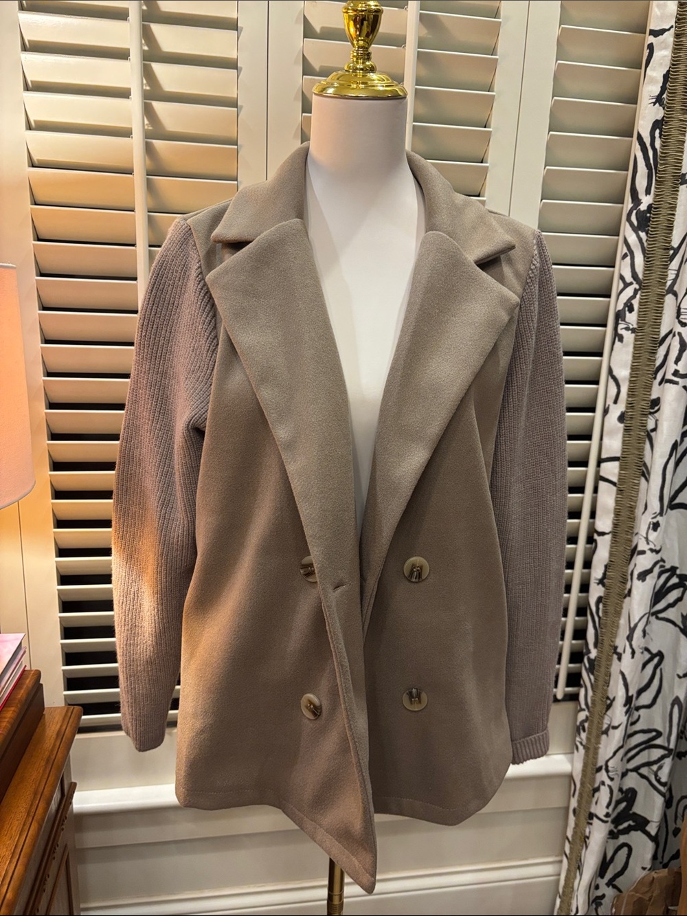 Women’s Double-Breasted Taupe Coat with Knit Sleeves